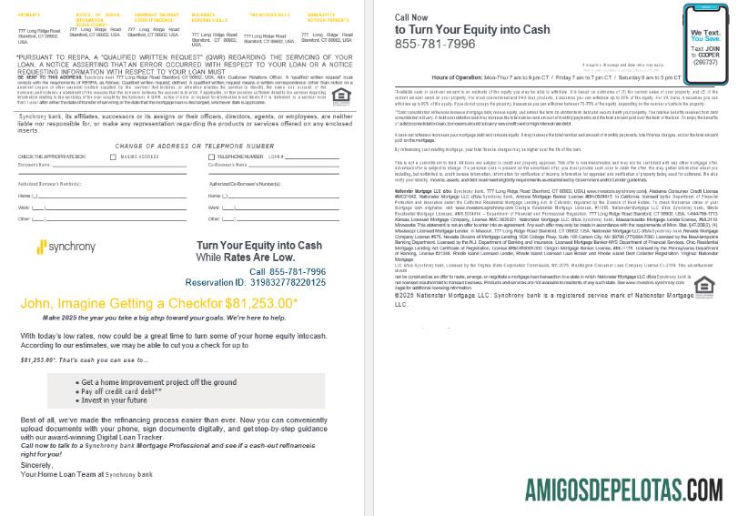 Extrato de empréstimo hipotecário do USA Synchrony Bank em formatos Word e PDF, 4 páginas 3 4 amostra